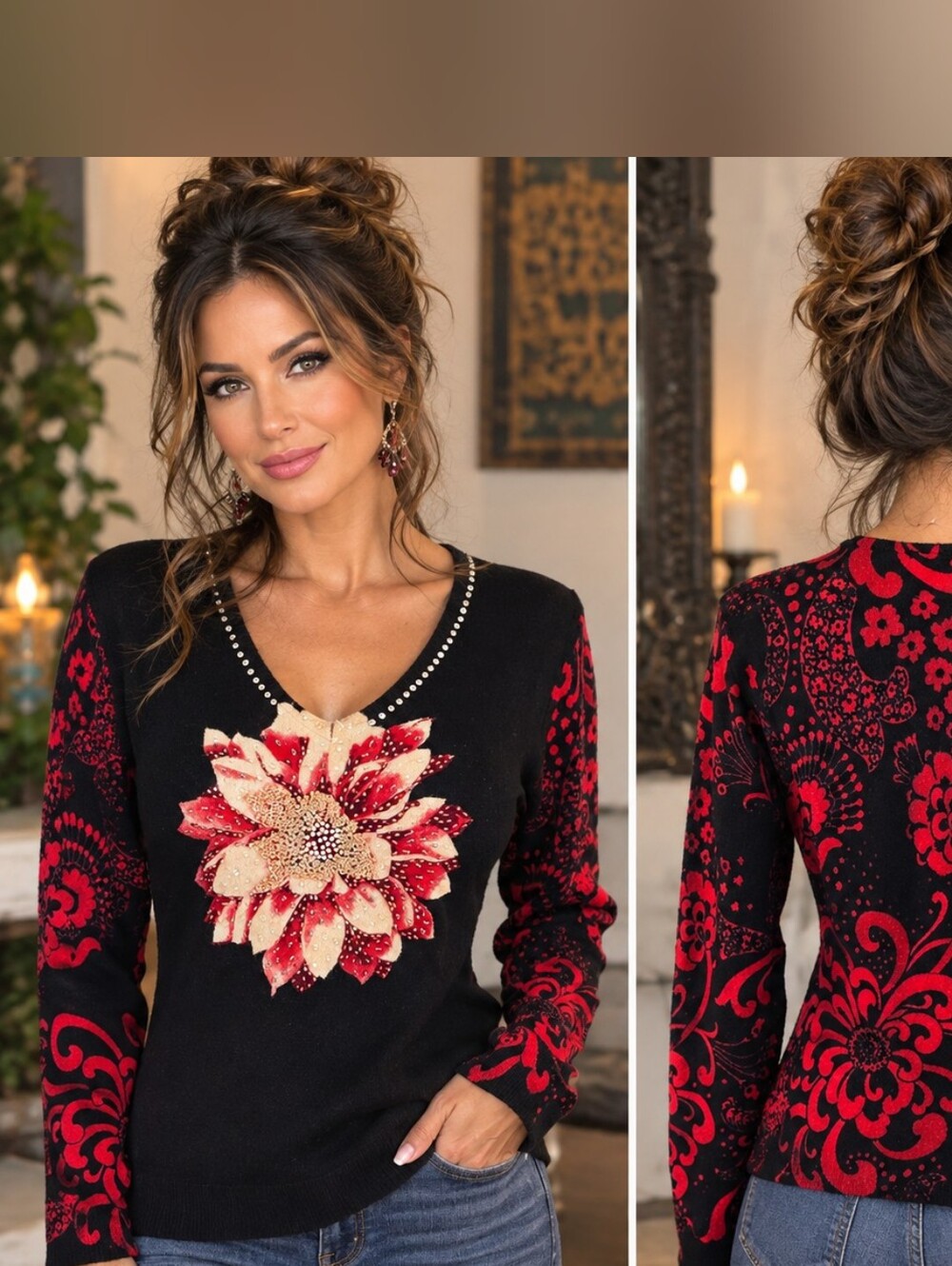 CABO Black & Red Floral Embellished V-Neck Sweater